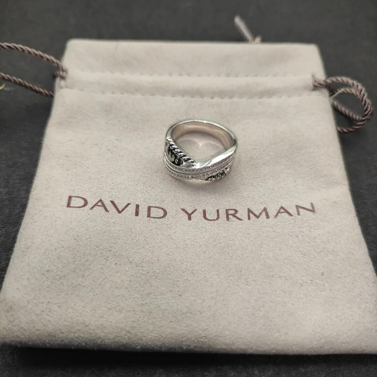 Silver-Tone Twisted Rope Pavé Crossover Ring 6