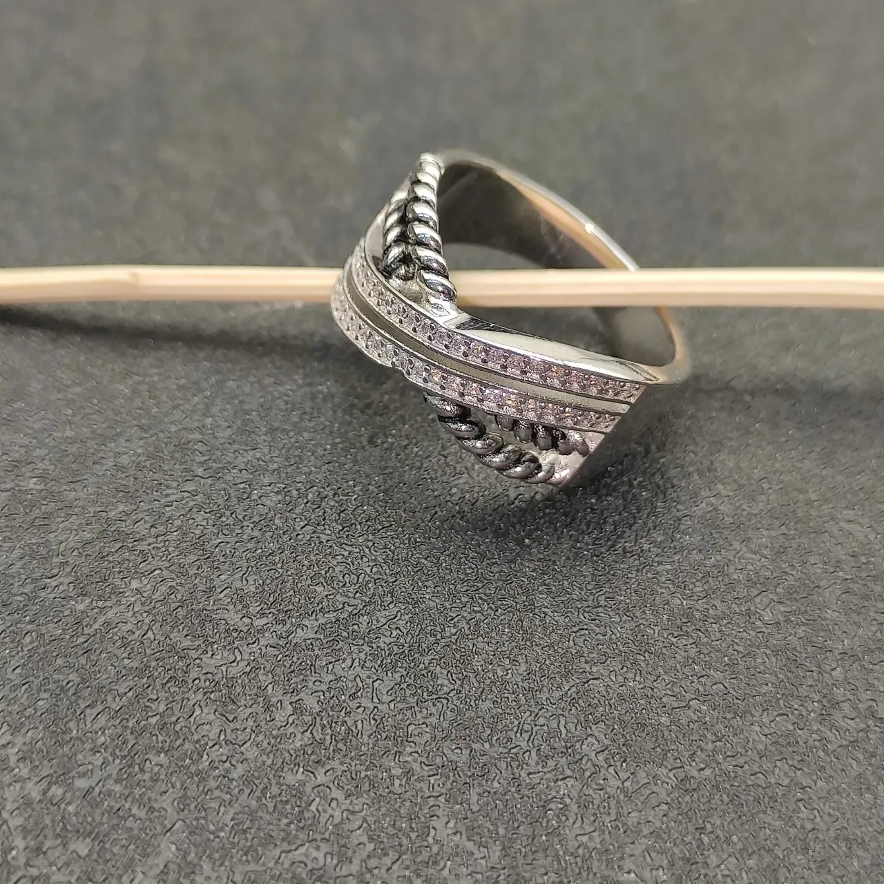 Silver-Tone Twisted Rope Pavé Crossover Ring 8