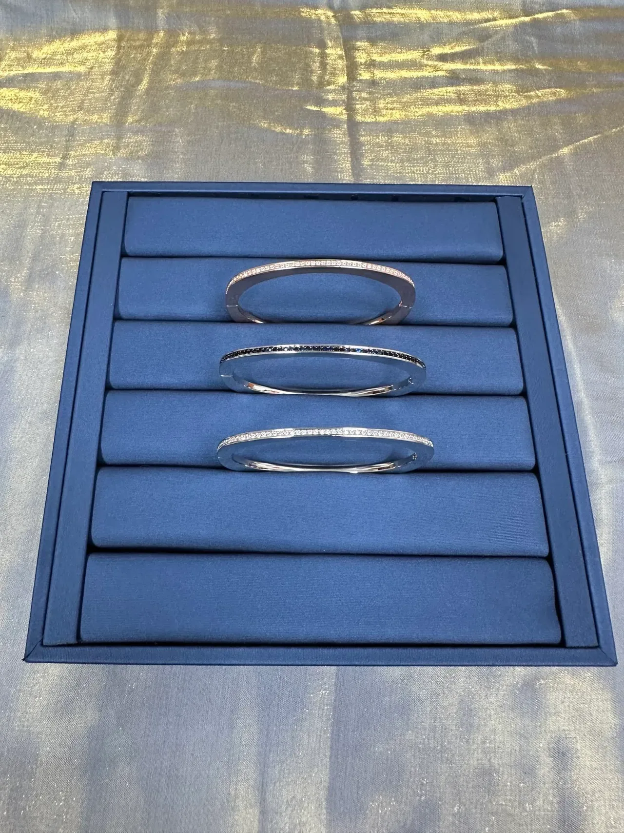 Silver-Toned Pavé-Set Dark Stone Thin Rigid Bangle Bracelet 7