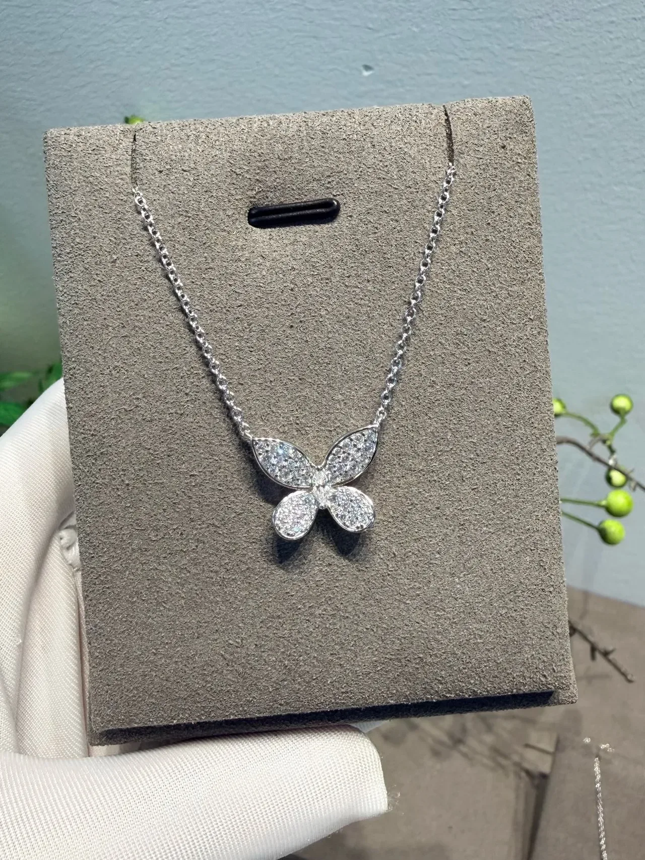 Silver Transparent Butterfly-Shaped Pendant Pavé-Set Clear Stones Necklace 4