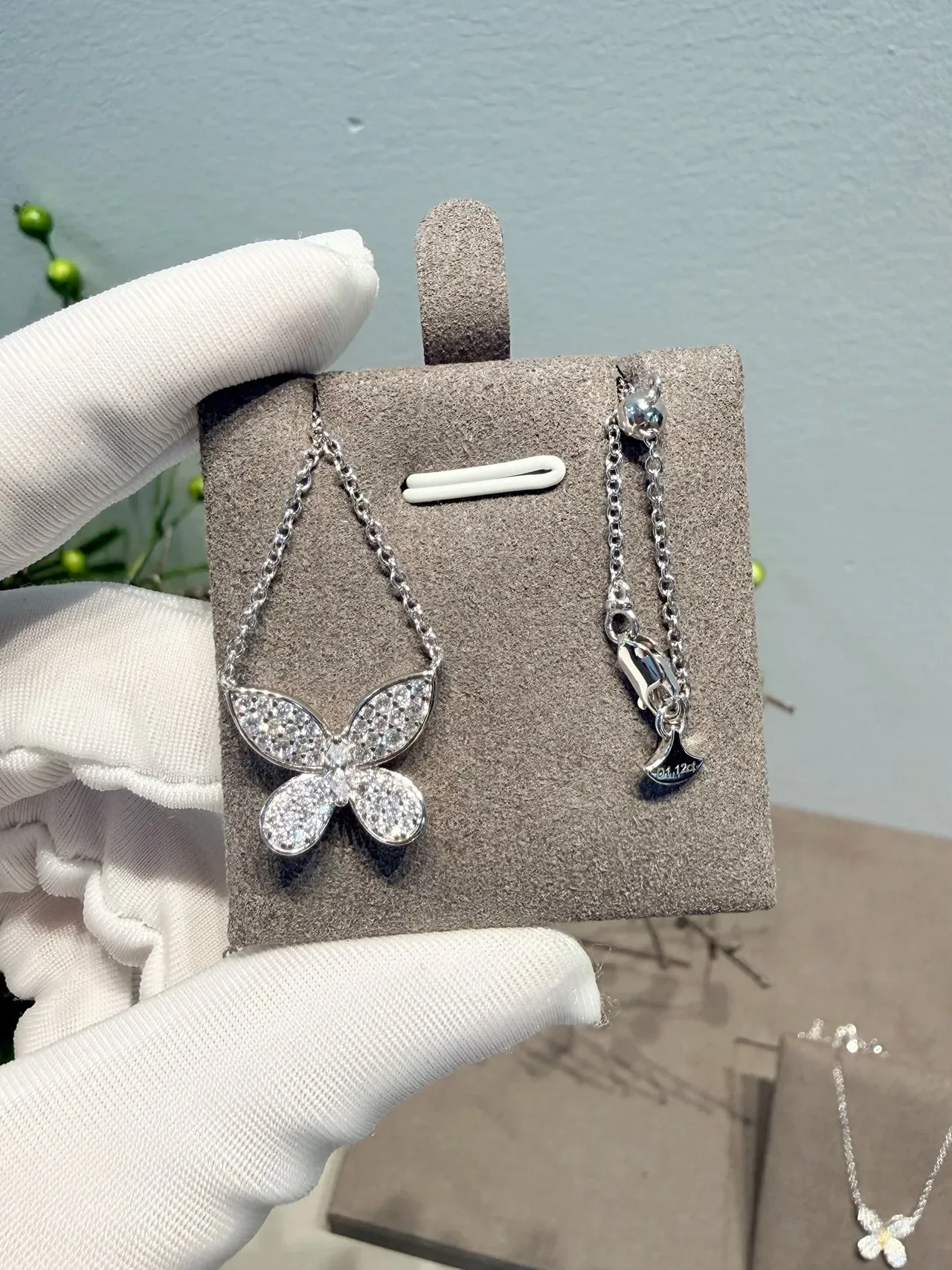 Silver Transparent Butterfly-Shaped Pendant Pavé-Set Clear Stones Necklace 5