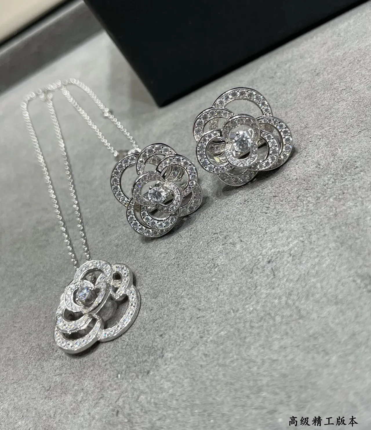 Silver White Floral Motif Pavé-Set Stones Earrings 7