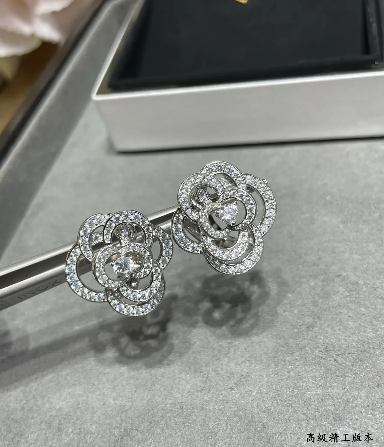 Silver White Floral Motif Pavé-Set Stones Earrings 8