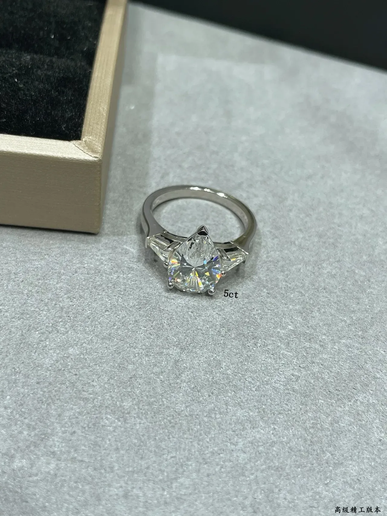 Silver White Pear-Cut Center Stone Tapered Baguette Side Stones Ring 5