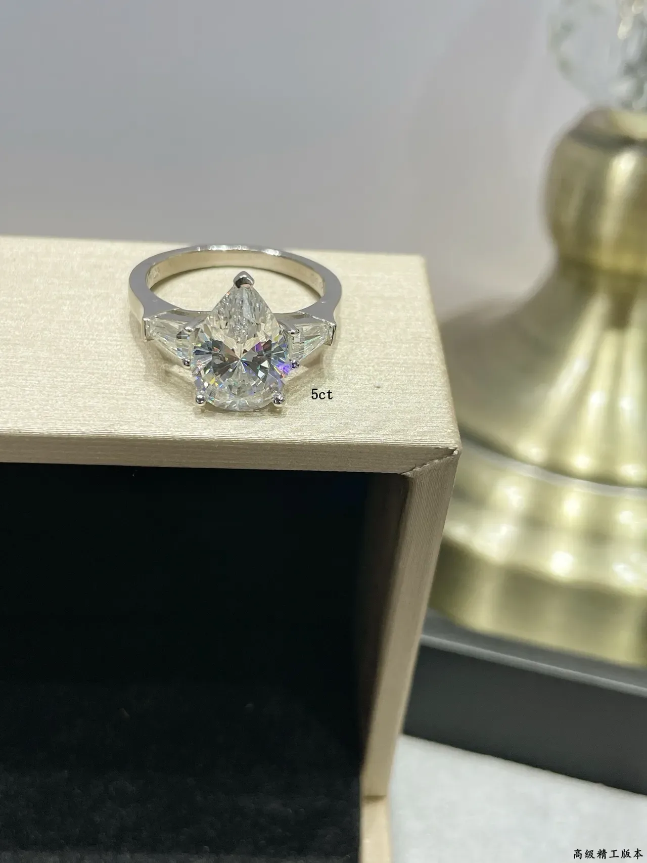 Silver White Pear-Cut Center Stone Tapered Baguette Side Stones Ring 6