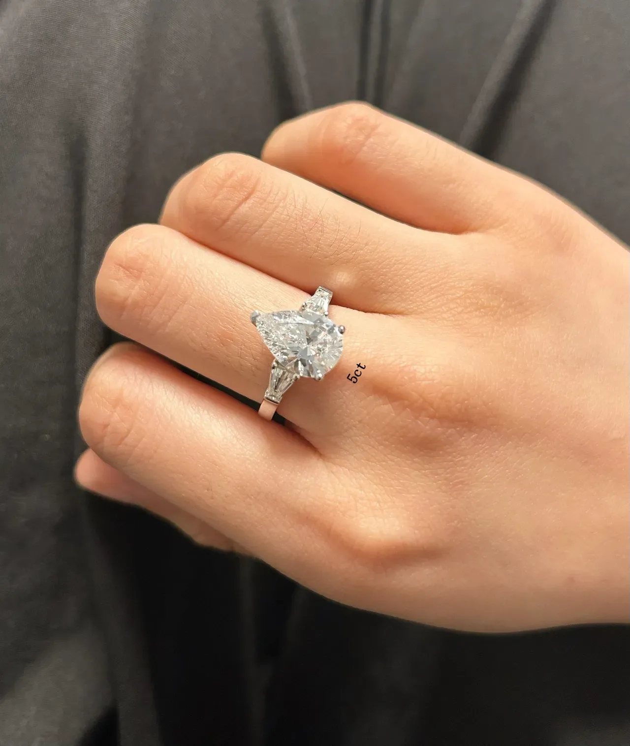 Silver White Pear-Cut Center Stone Tapered Baguette Side Stones Ring 9