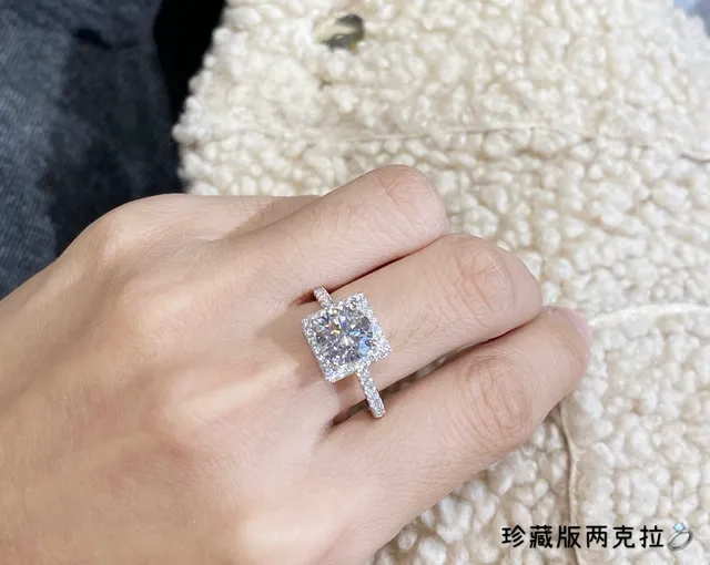 Silver White Square Halo Setting Round Brilliant Center Stone Ring 8