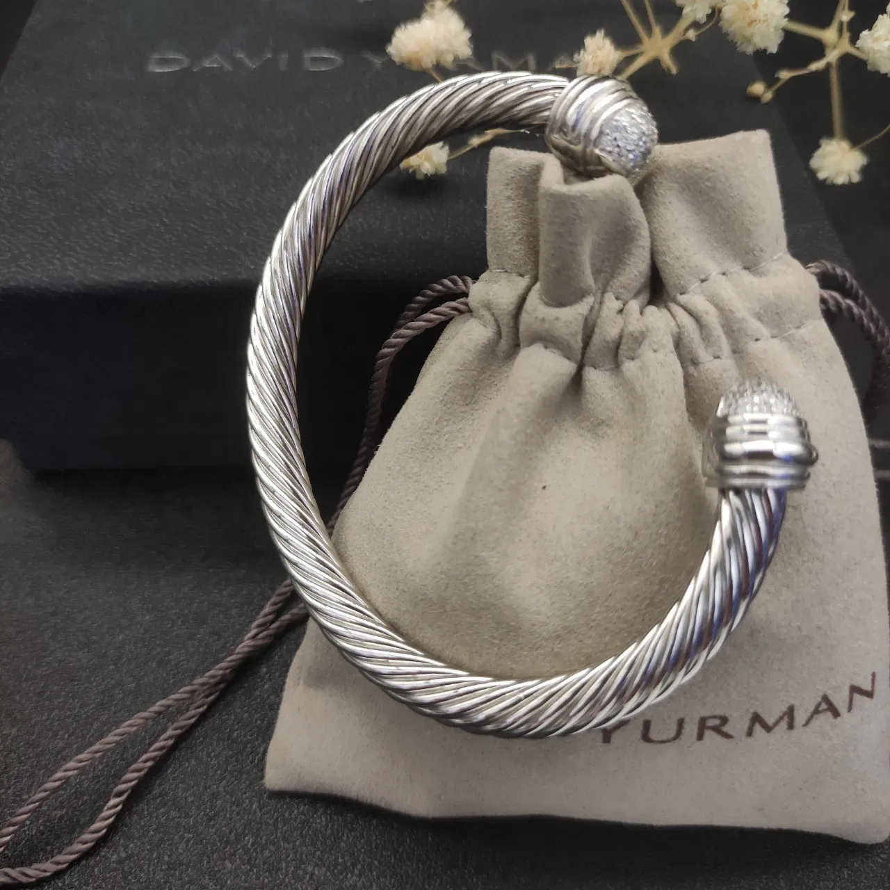 Silver White Twisted Rope Cable Pavé-Set Spherical Terminals Bracelet 2