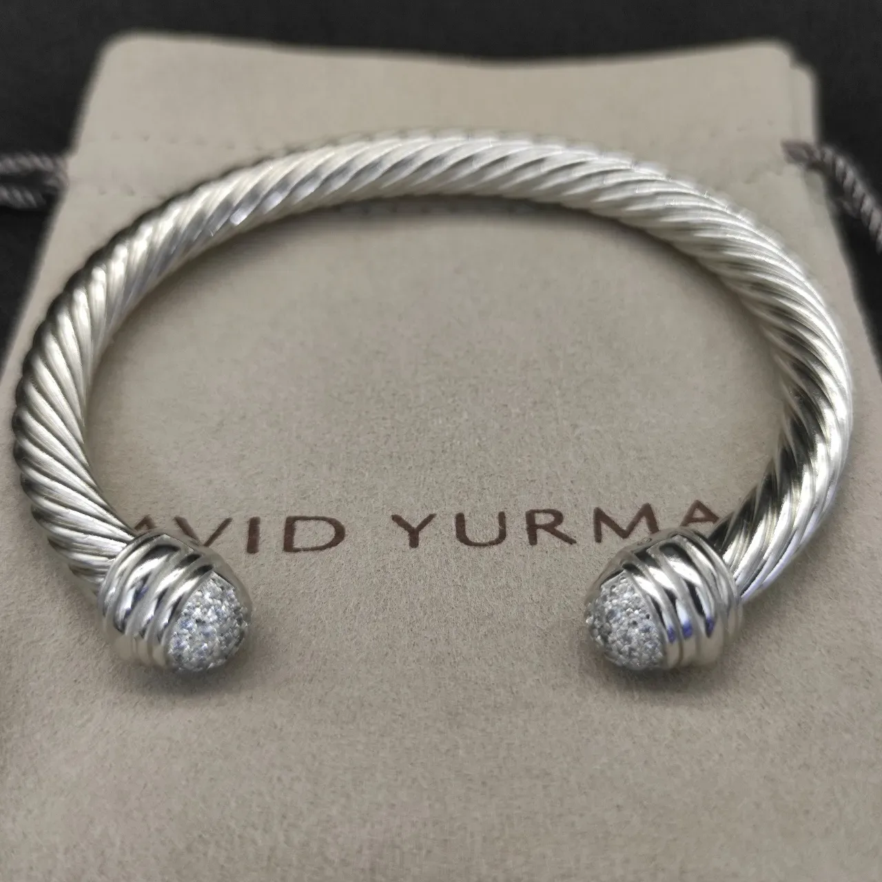 Silver White Twisted Rope Cable Pavé-Set Spherical Terminals Bracelet 4