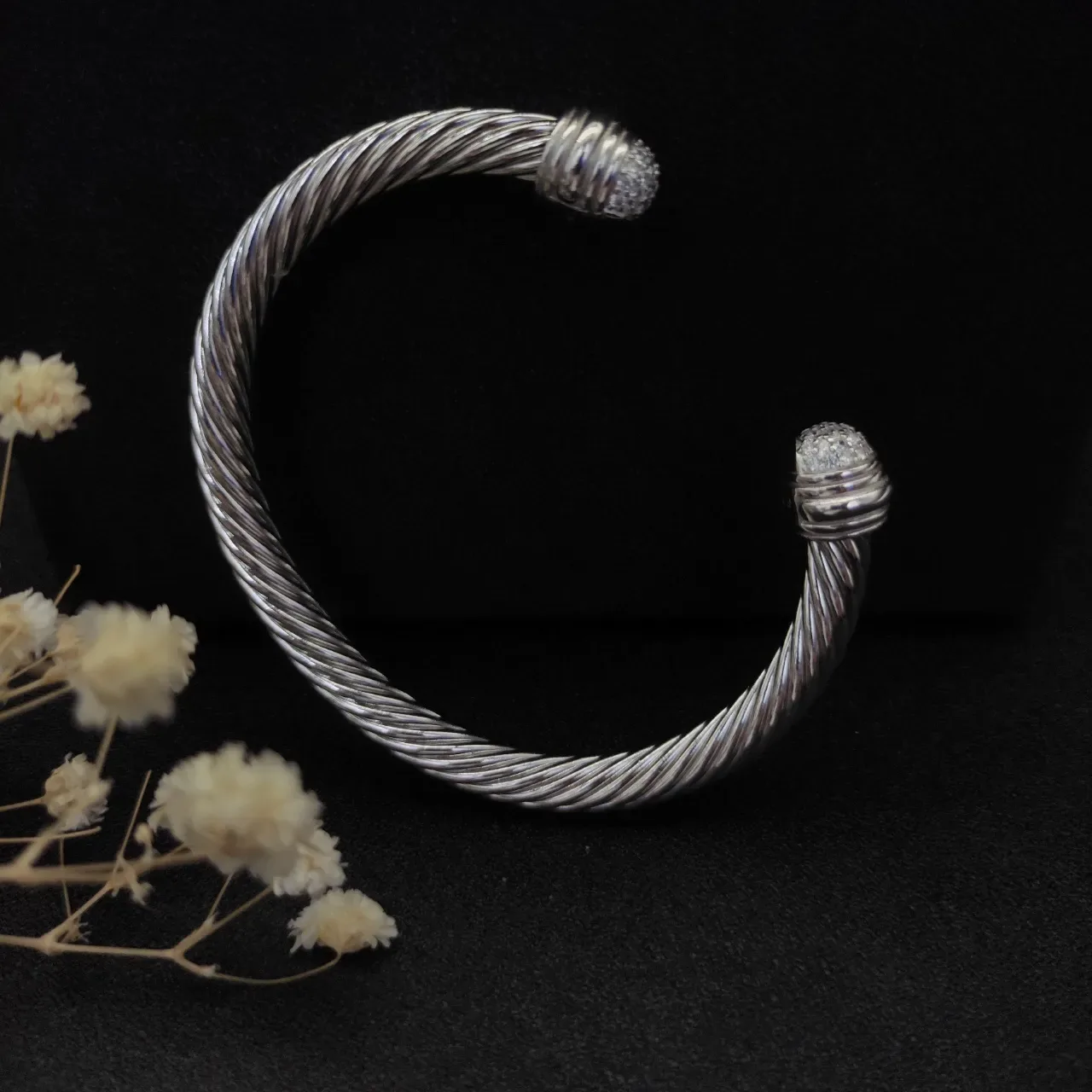 Silver White Twisted Rope Cable Pavé-Set Spherical Terminals Bracelet 5
