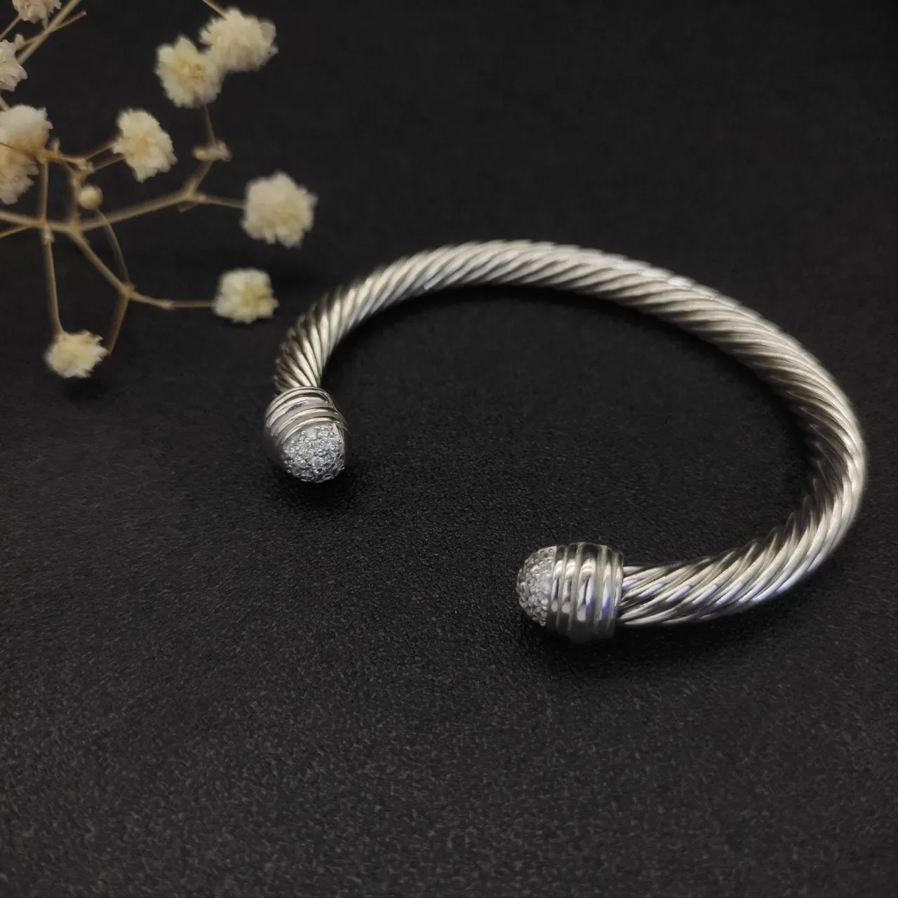 Silver White Twisted Rope Cable Pavé-Set Spherical Terminals Bracelet 6