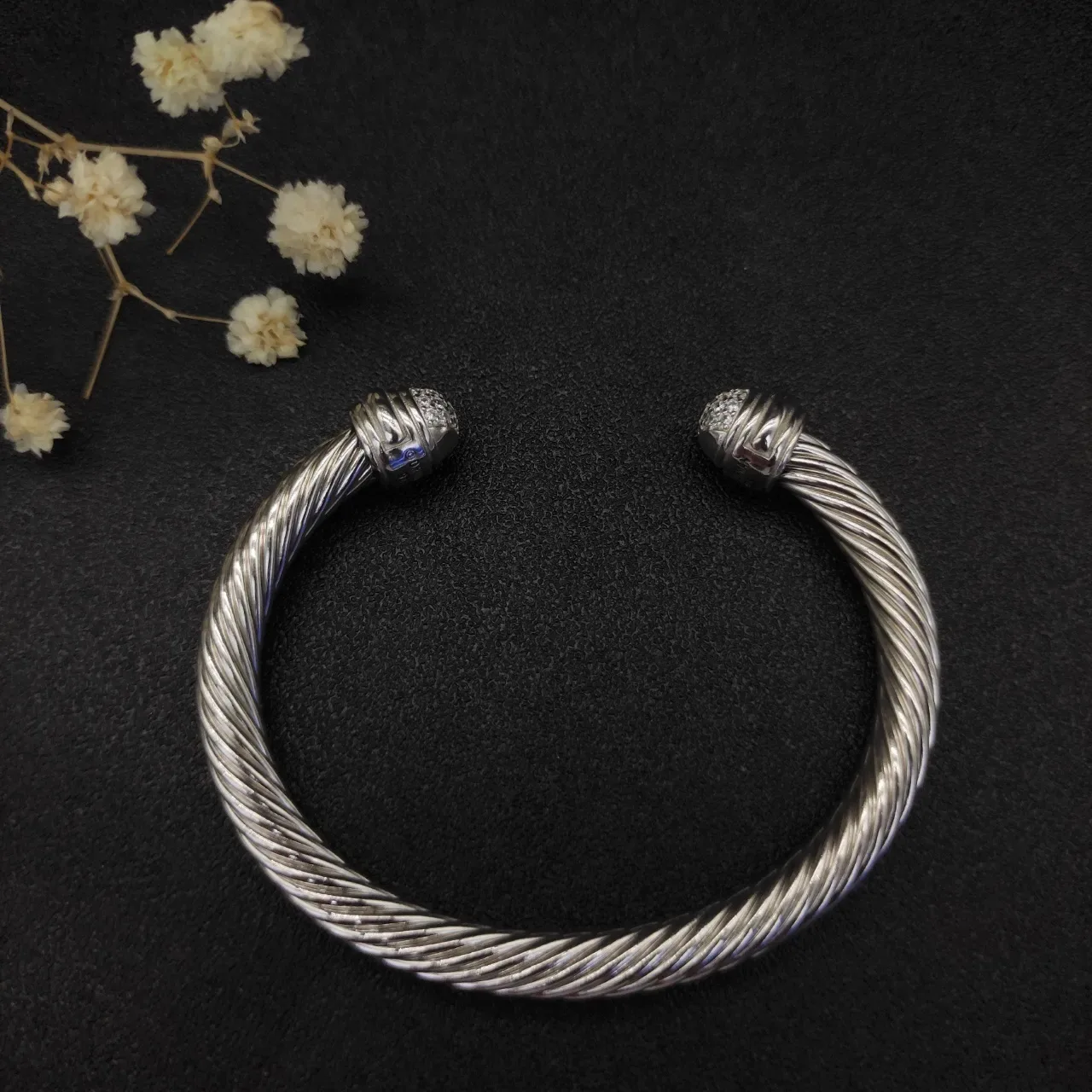 Silver White Twisted Rope Cable Pavé-Set Spherical Terminals Bracelet 7