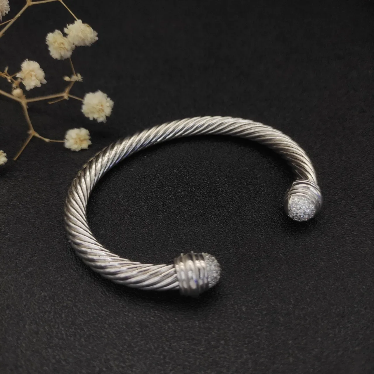 Silver White Twisted Rope Cable Pavé-Set Spherical Terminals Bracelet 8