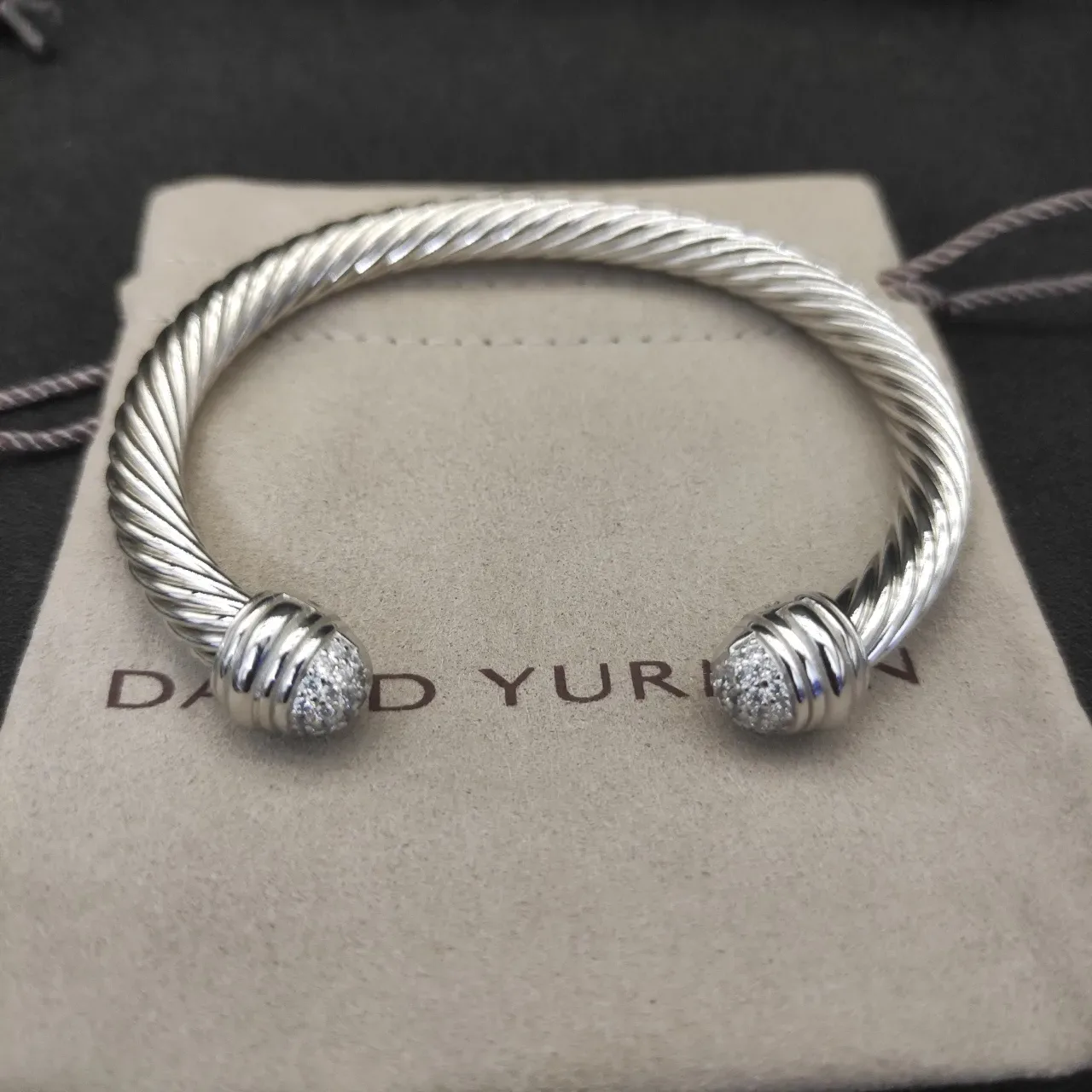 Silver White Twisted Rope Cable Pavé-Set Spherical Terminals Bracelet 9