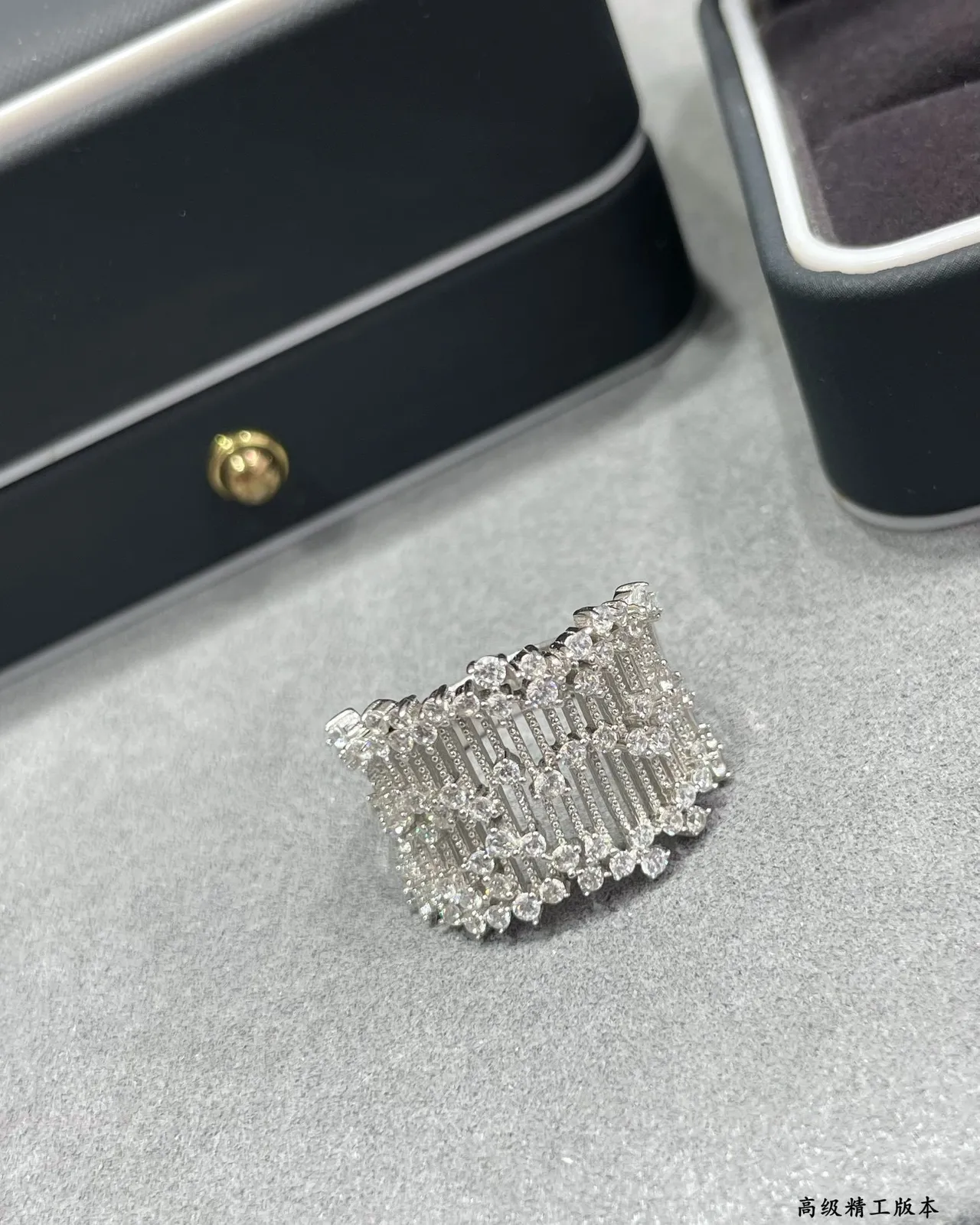 Silver White Wide Pavé Band Multi-Row Geometric Lattice Ring 3