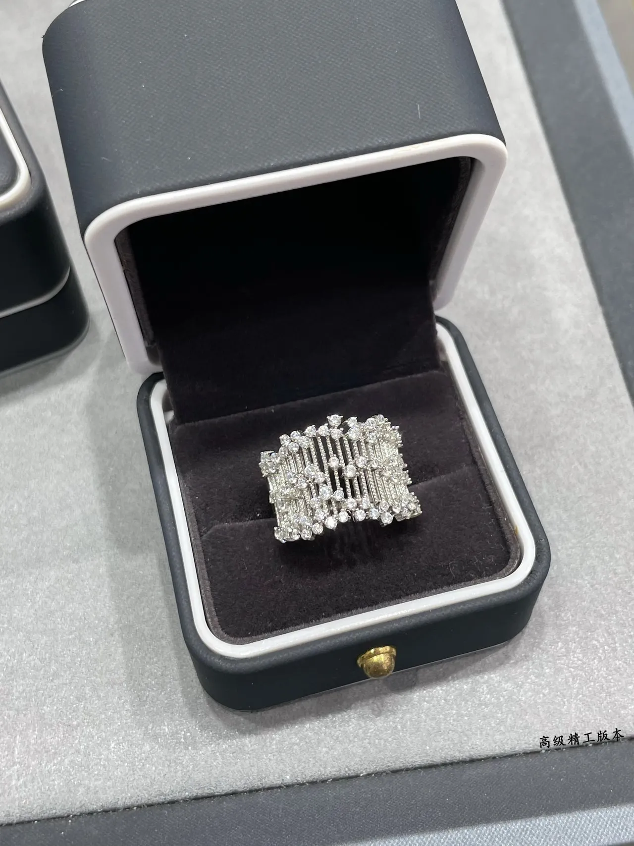 Silver White Wide Pavé Band Multi-Row Geometric Lattice Ring 5