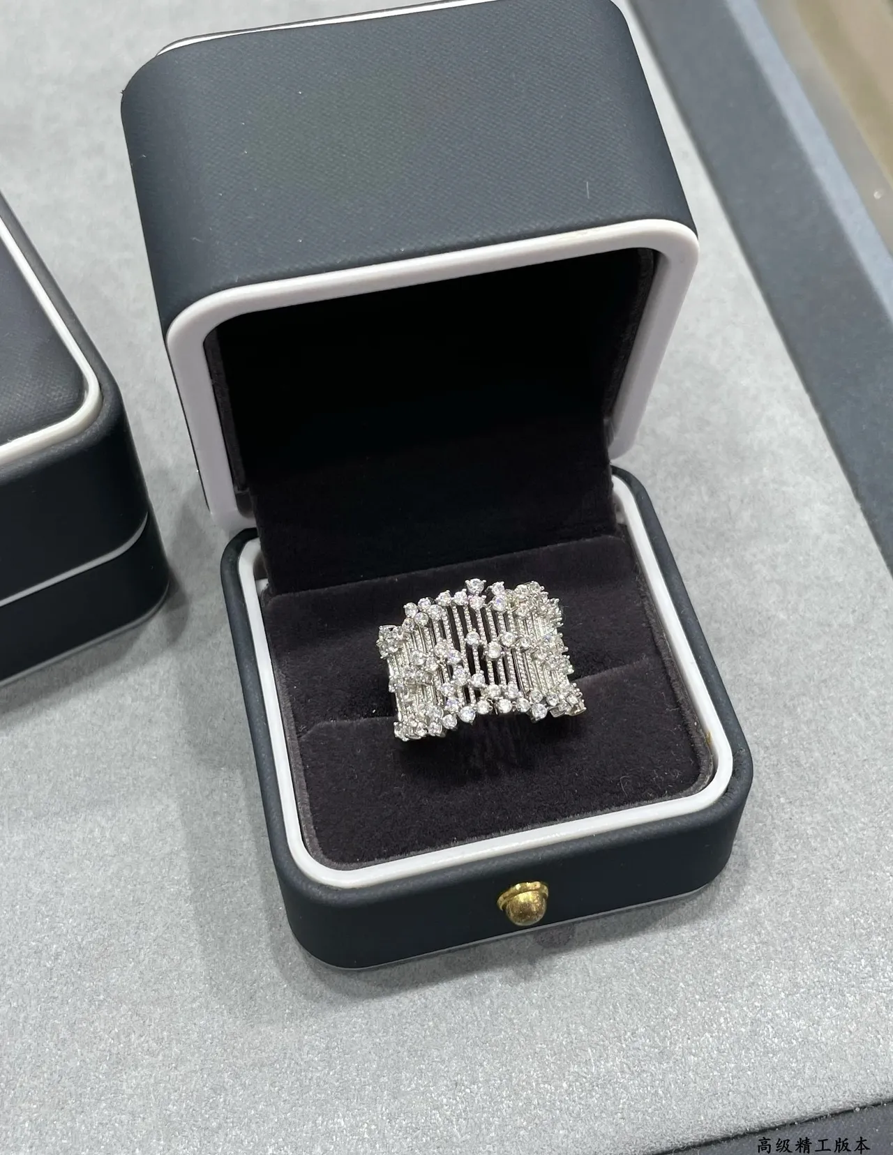 Silver White Wide Pavé Band Multi-Row Geometric Lattice Ring 6