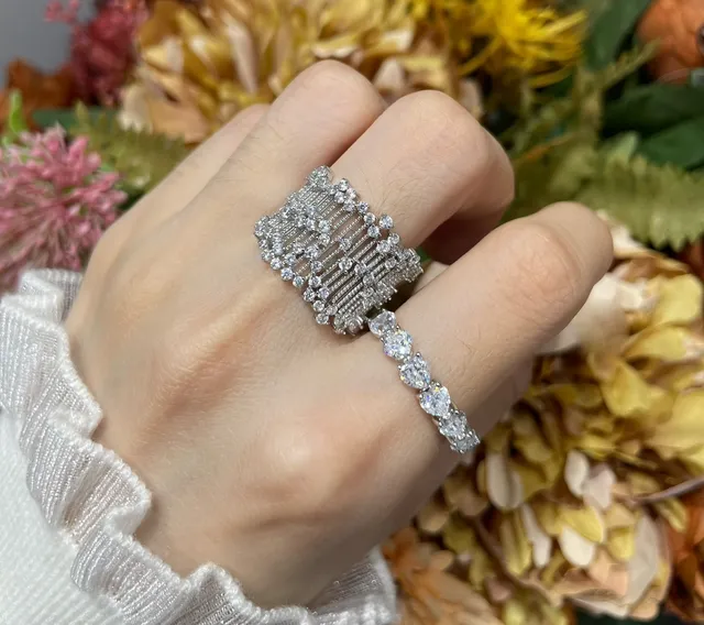 Silver White Wide Pavé Band Multi-Row Geometric Lattice Ring 7