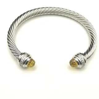 Pulsera de Cable Trenzado Plata y Amarillo con Terminales de Piedra Facetada