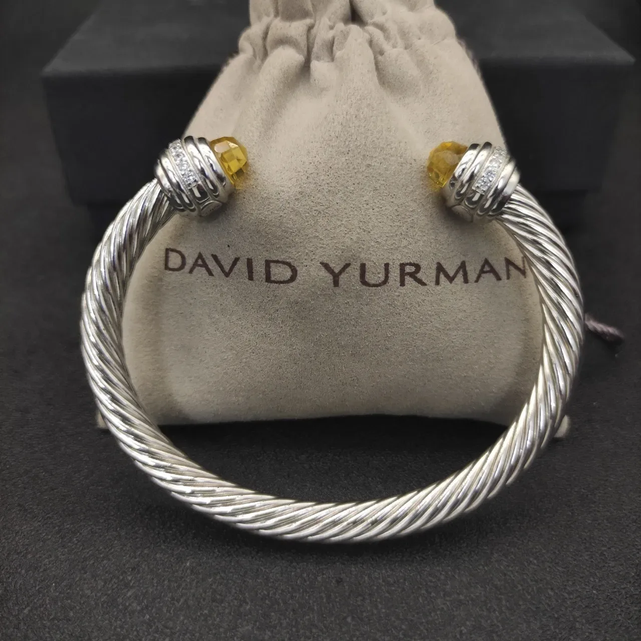 Silver Yellow Twisted Cable Construction Faceted Stone Terminals Bracelet 2