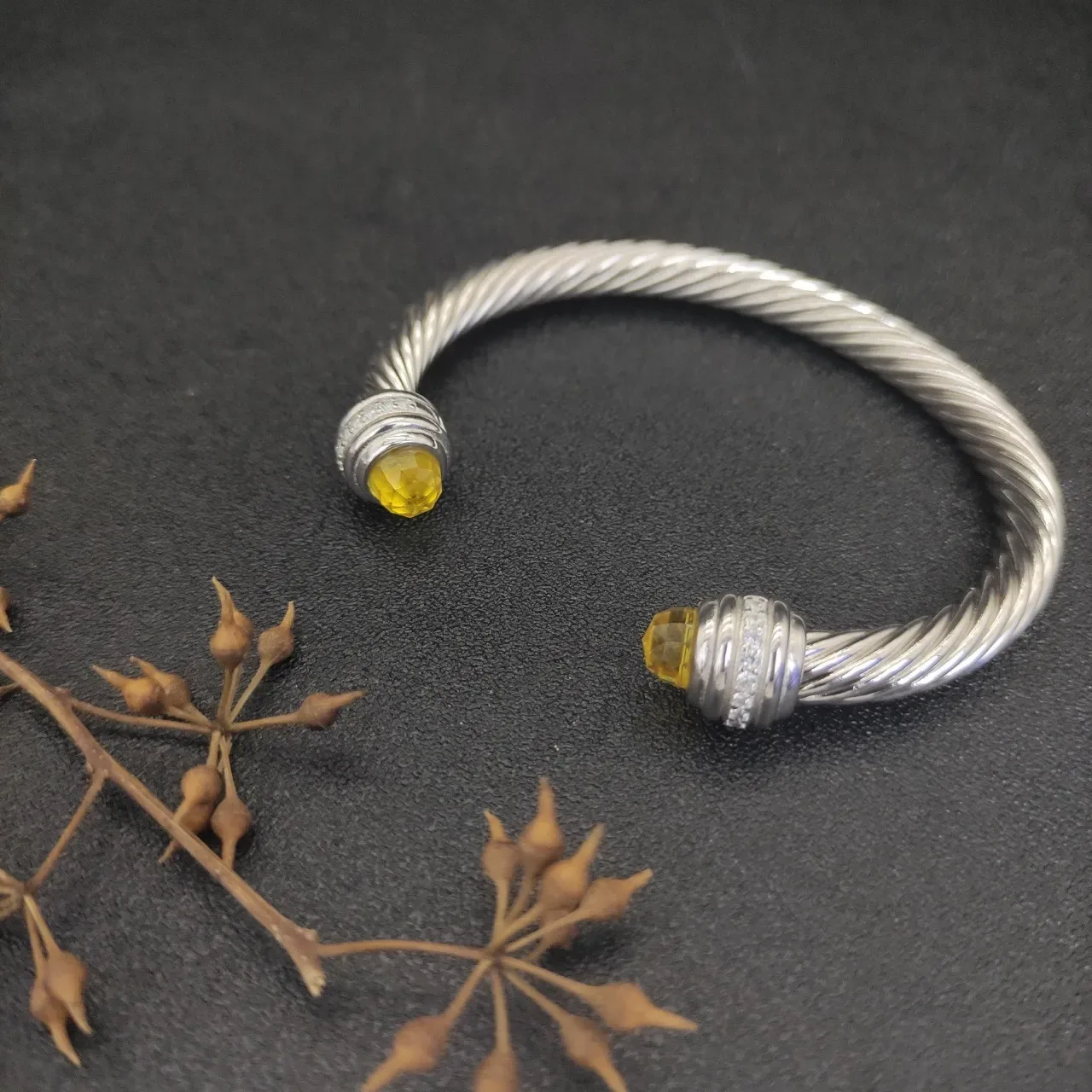 Silver Yellow Twisted Cable Construction Faceted Stone Terminals Bracelet 8