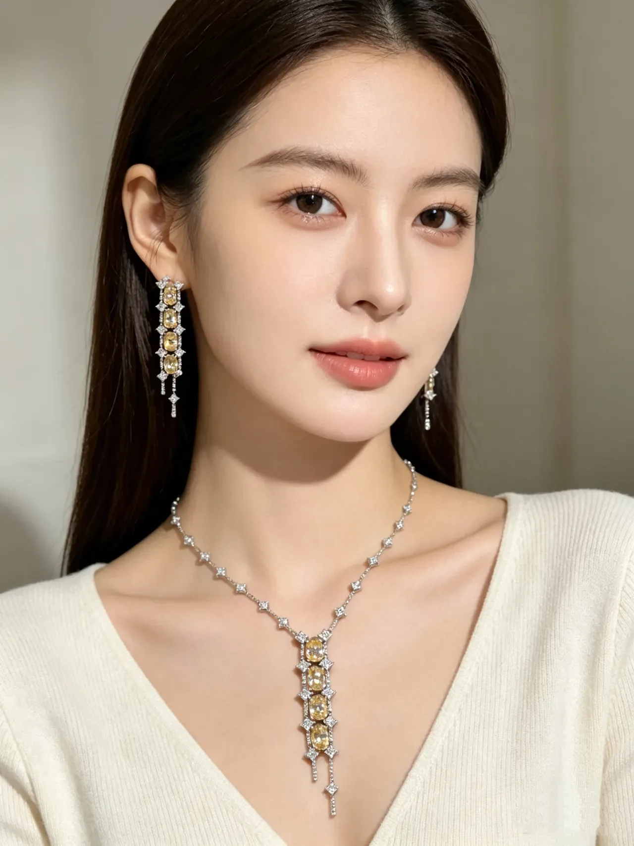 Silver Yellow V-Shaped Chain Multi-Stone Pendant Necklace 8