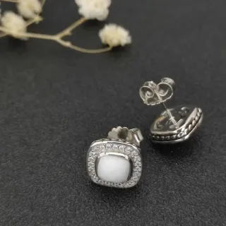 Square White Stone Pavé Halo Stud Earrings