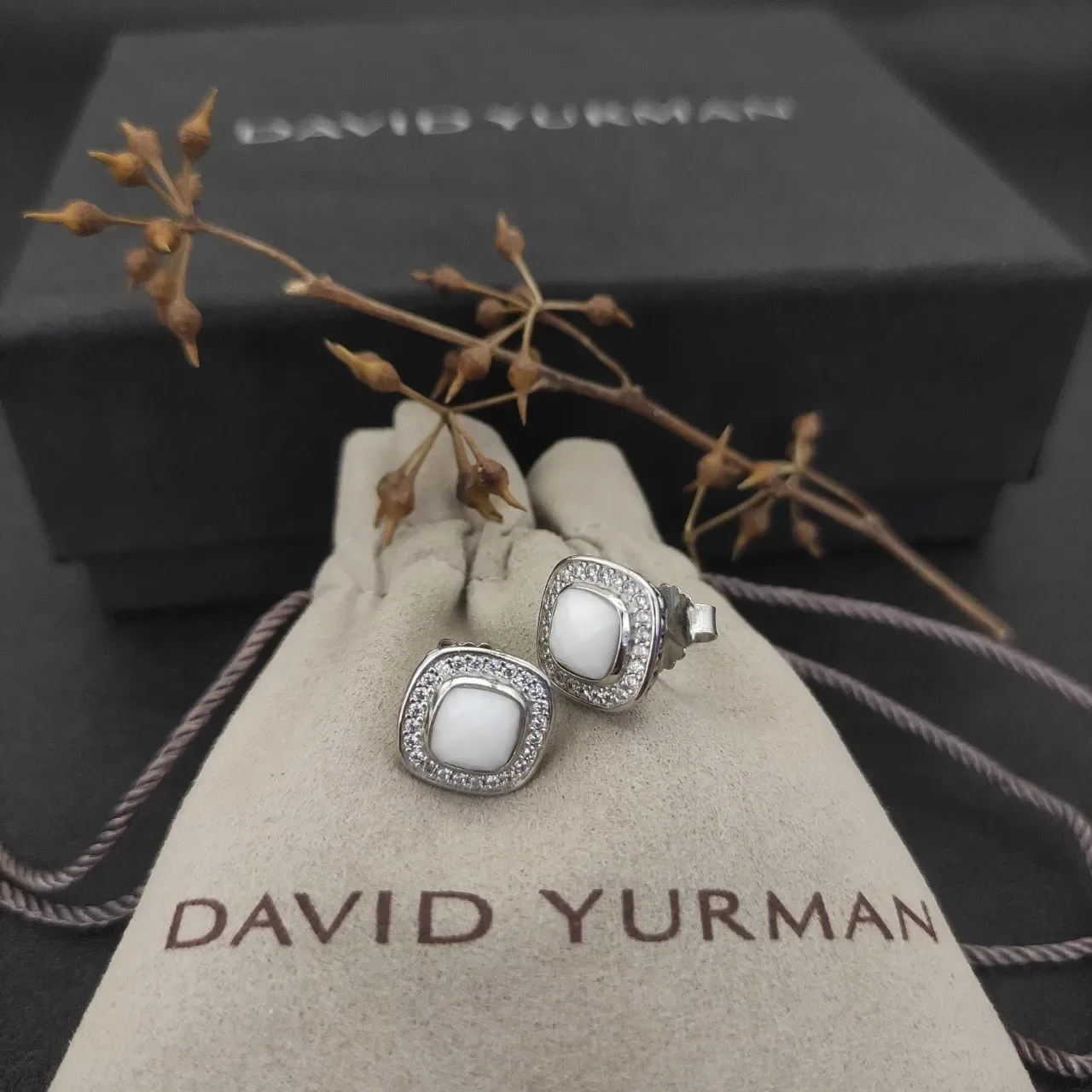 Square White Stone Pavé Halo Stud Earrings 3
