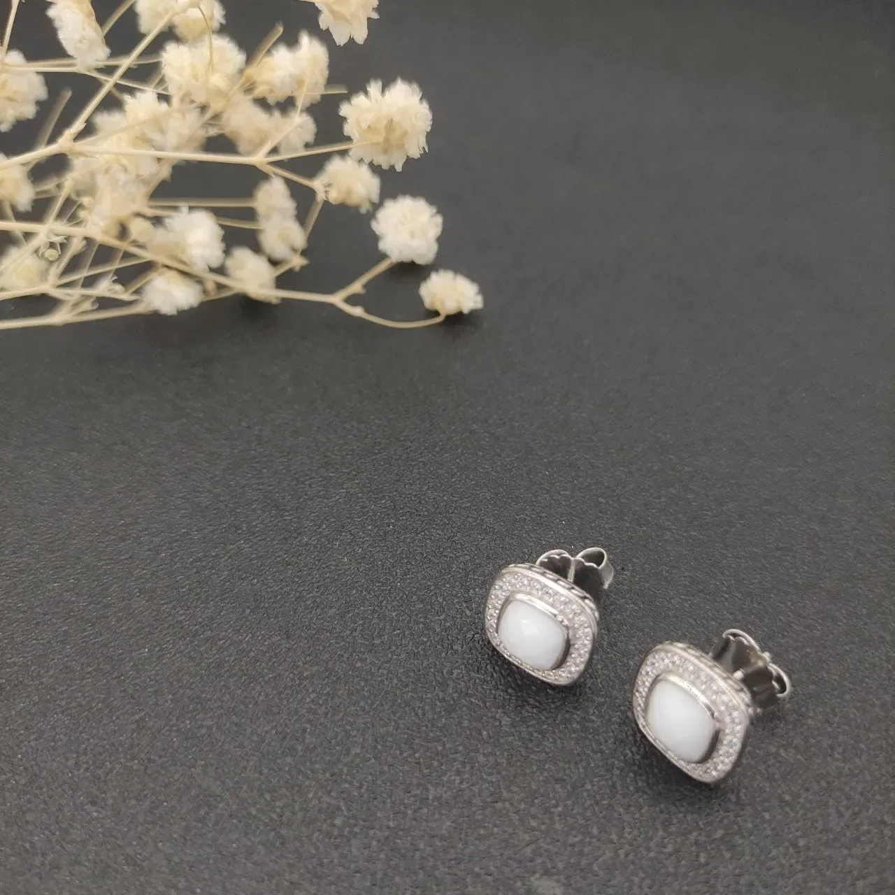 Square White Stone Pavé Halo Stud Earrings 4