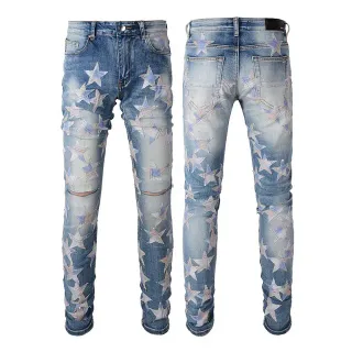 Star-Print Distressed Light-Wash Slim-Fit Jeans