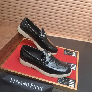 Stefano Ricci Horsebit लोफर काला/बेज चमकदार क्रोको एमबॉस्ड पेटेंट चमड़ा बकल लोफर