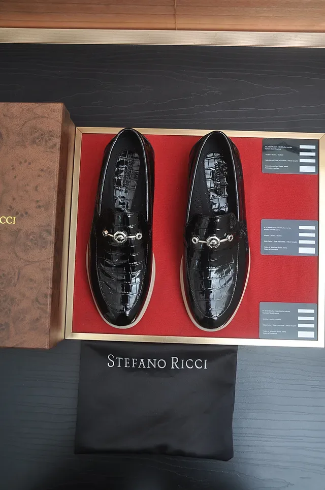 Stefano Ricci Horsebit Loafer Black Beige Glossy Croc-Embossed Patent Leather Buckle Loafer 5