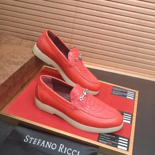 Stefano Ricci Rouge Beige Cuir Embossé Crocodile Boucle Mors de Cheval Mocassin