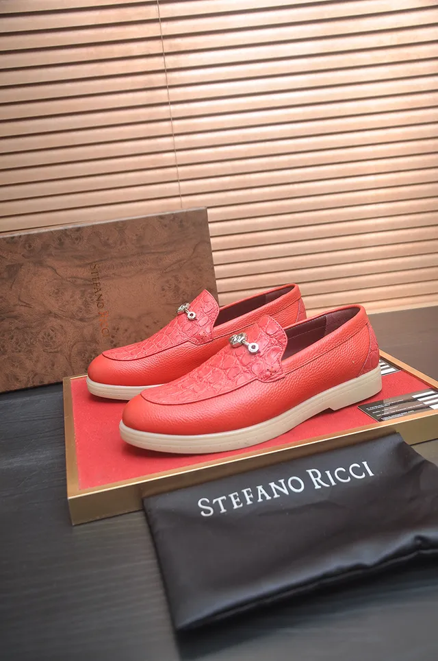 Stefano Ricci Red Beige Crocodile-Embossed Leather Horsebit Buckle Loafer 4