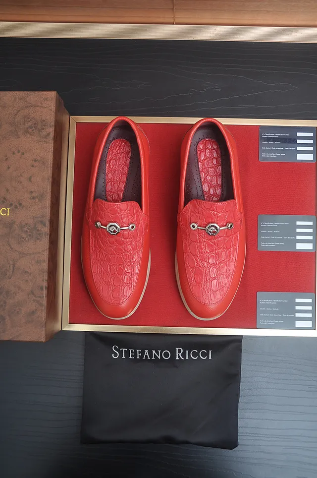 Stefano Ricci Red Beige Crocodile-Embossed Leather Horsebit Buckle Loafer 5