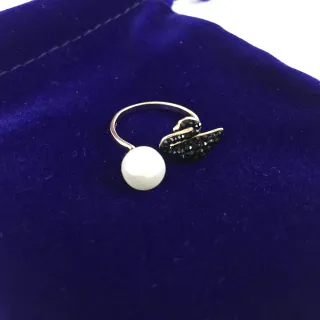 Swan Motif Pearl and Black Pavé Open Ring