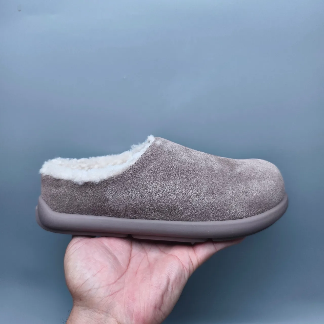 Taupe Suede Shearling-Lined Chunky Sole Backless Slipper 2