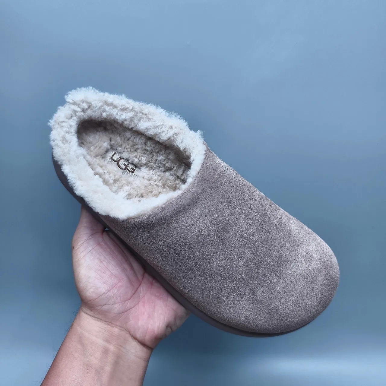 Taupe Suede Shearling-Lined Chunky Sole Backless Slipper 3