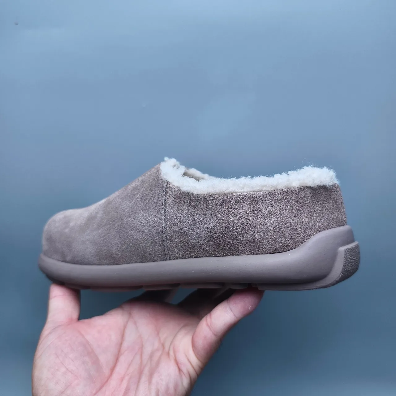 Taupe Suede Shearling-Lined Chunky Sole Backless Slipper 4