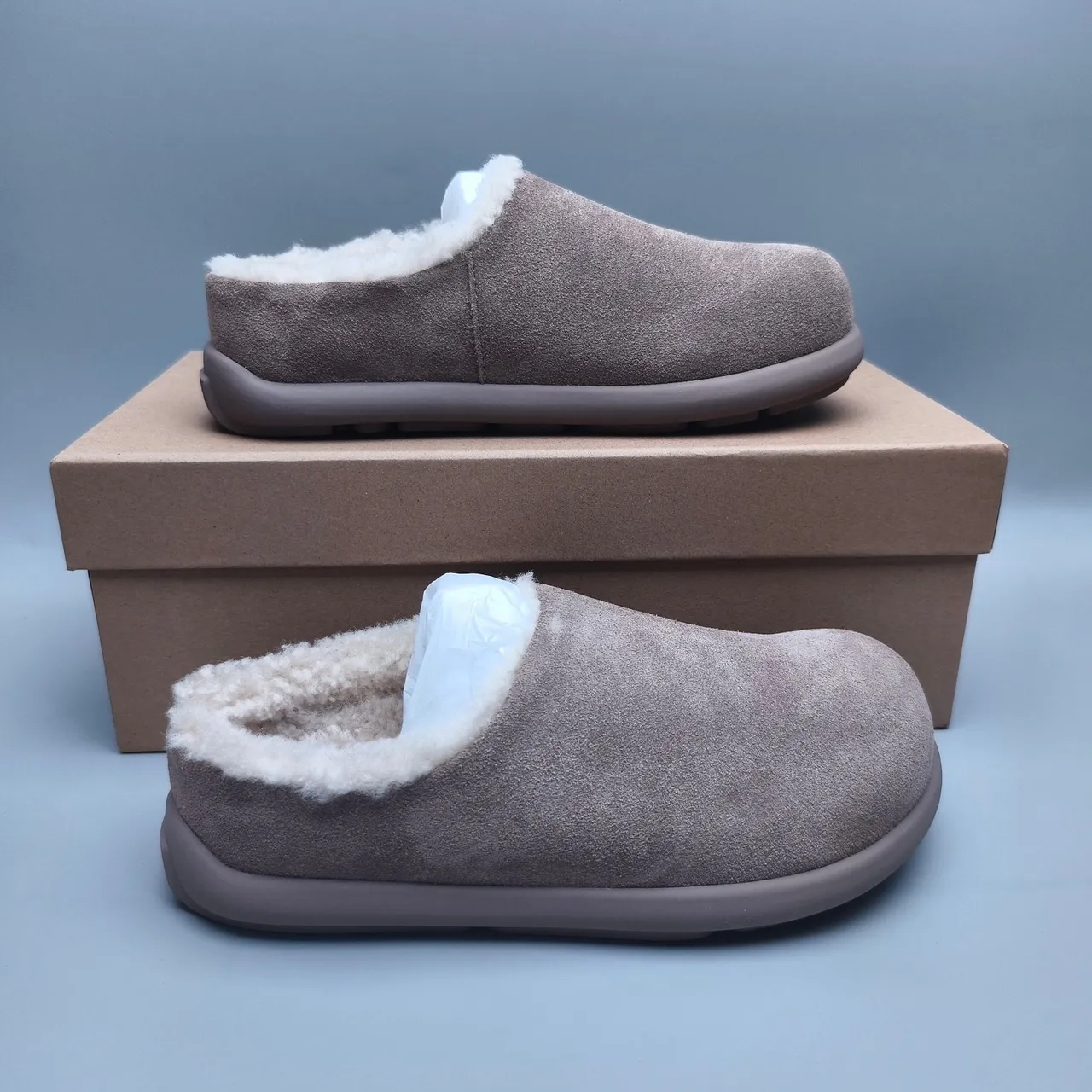 Taupe Suede Shearling-Lined Chunky Sole Backless Slipper 5