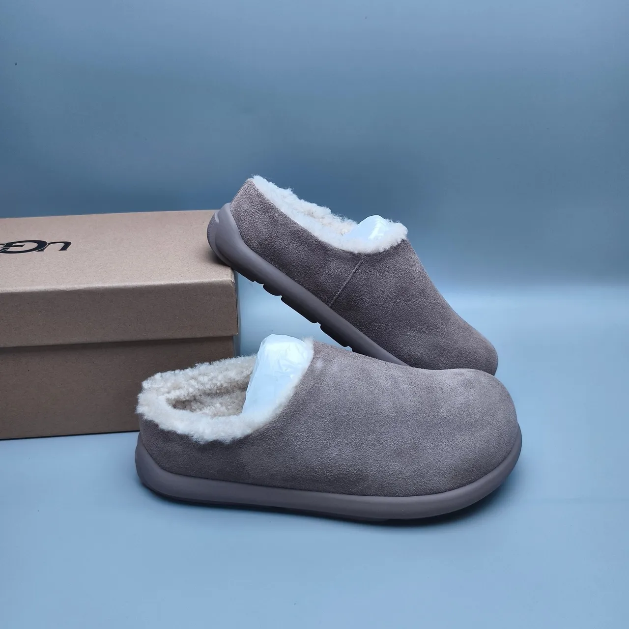 Taupe Suede Shearling-Lined Chunky Sole Backless Slipper 6
