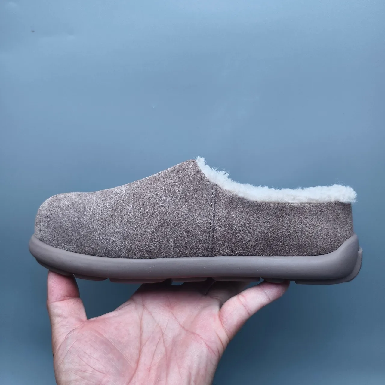 Taupe Suede Shearling-Lined Chunky Sole Backless Slipper 7