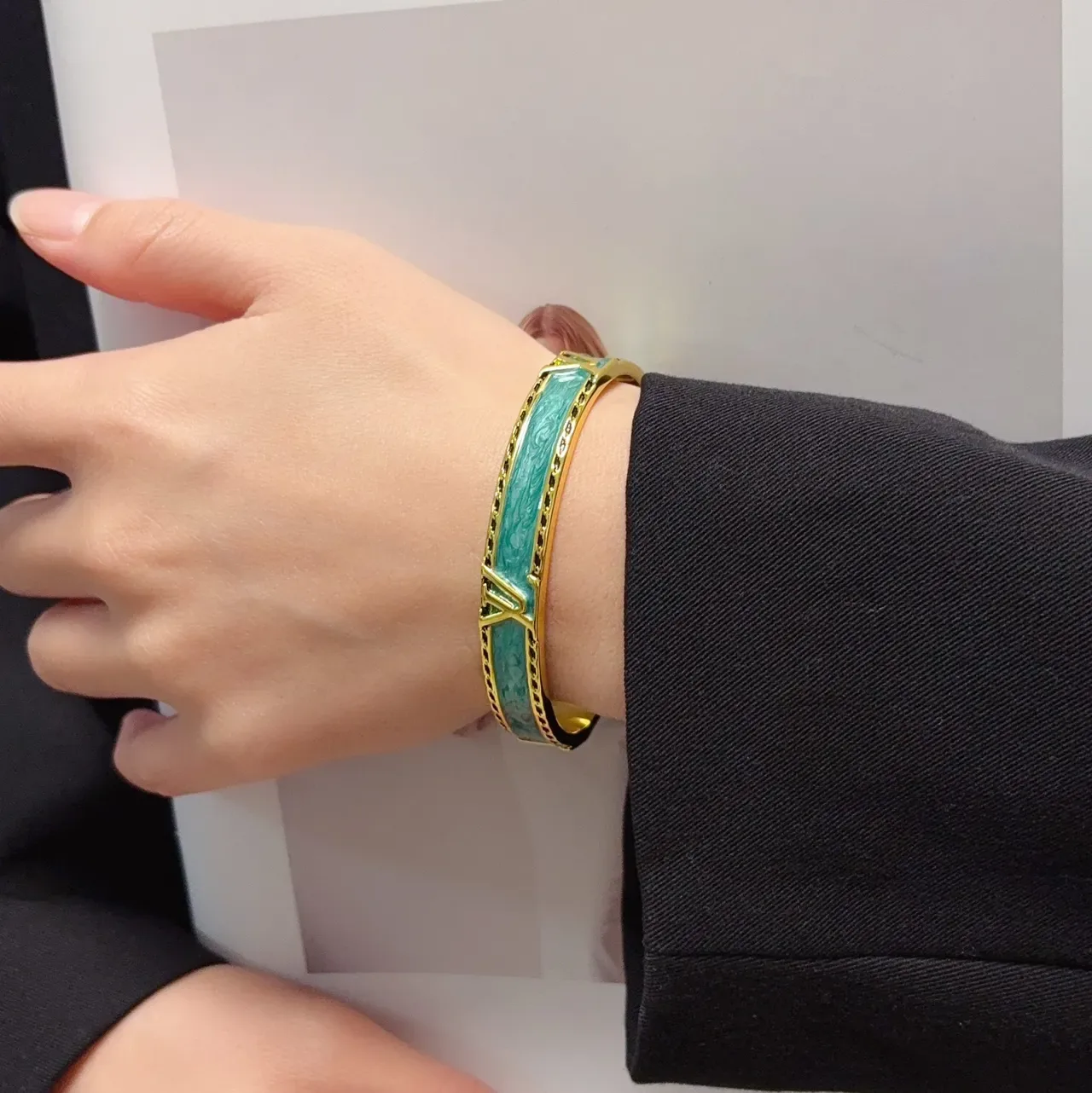 Turquoise Enamel and Gold-Tone Geometric Cuff Bracelet 7