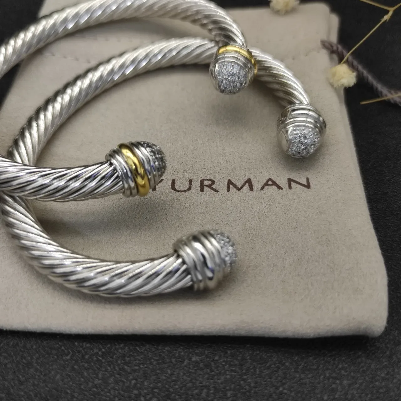 Twisted Cable Pavé Terminal Two-Tone Metal Bracelets 4