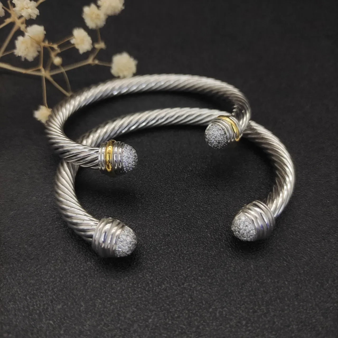 Twisted Cable Pavé Terminal Two-Tone Metal Bracelets 6