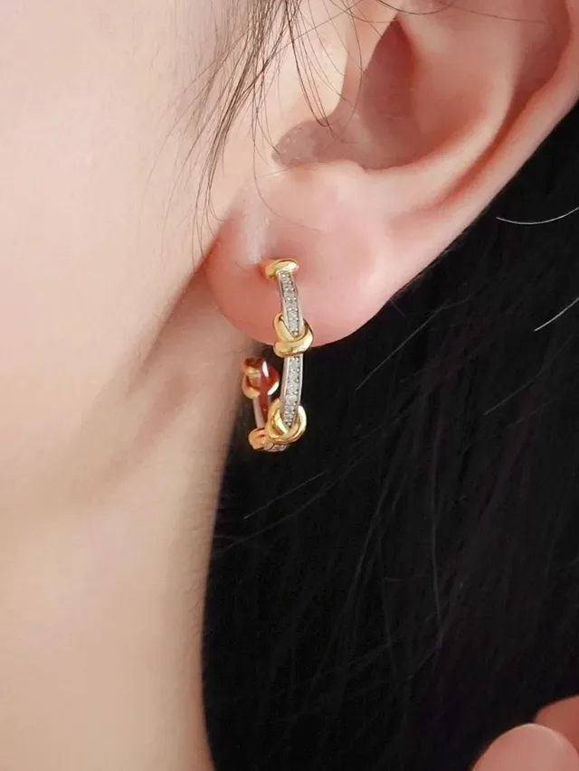 Two-Tone Knot-Link Pavé Hoop Earrings 2