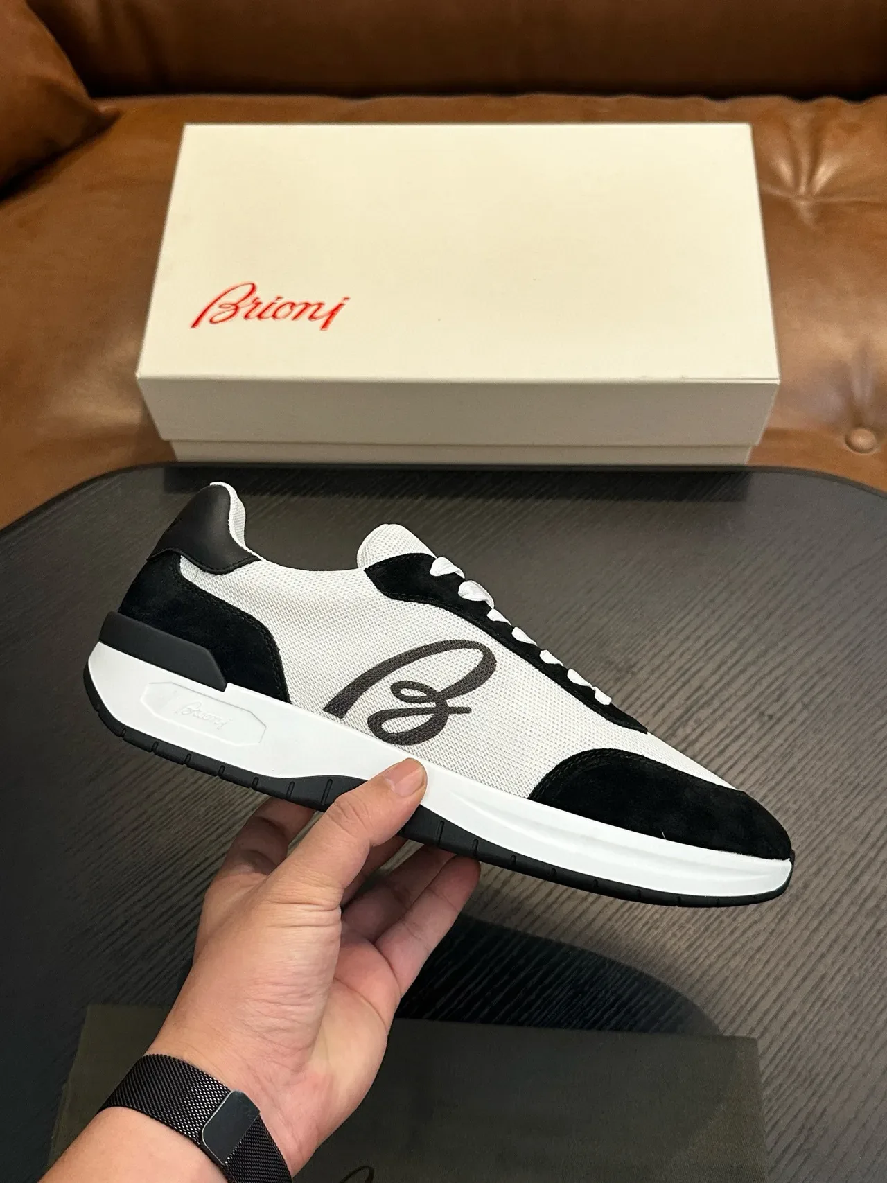 White and Black Mesh-and-Suede Lifestyle Sneakers 2