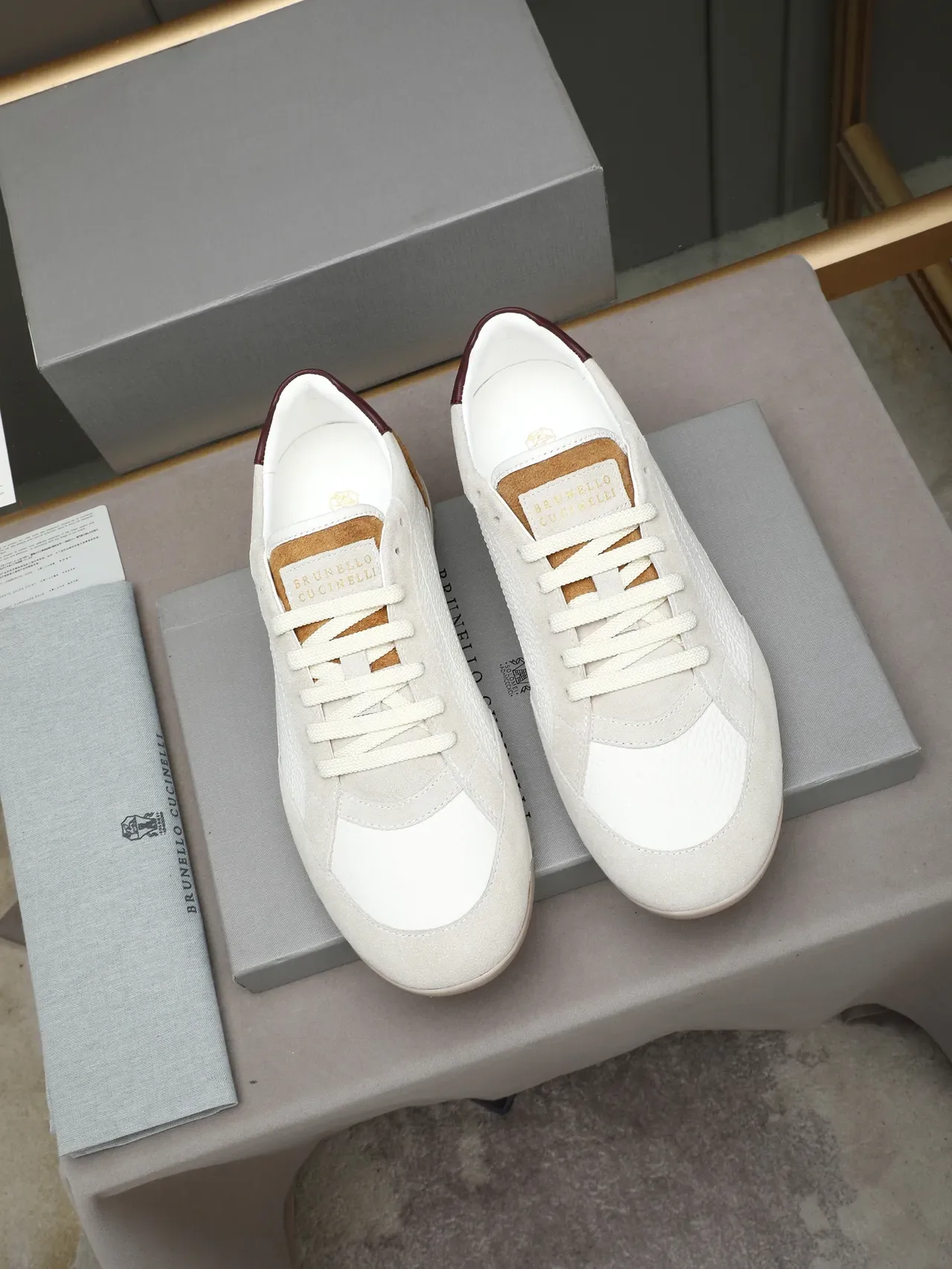 White and Tan Suede Contrast Heel Sneaker 2