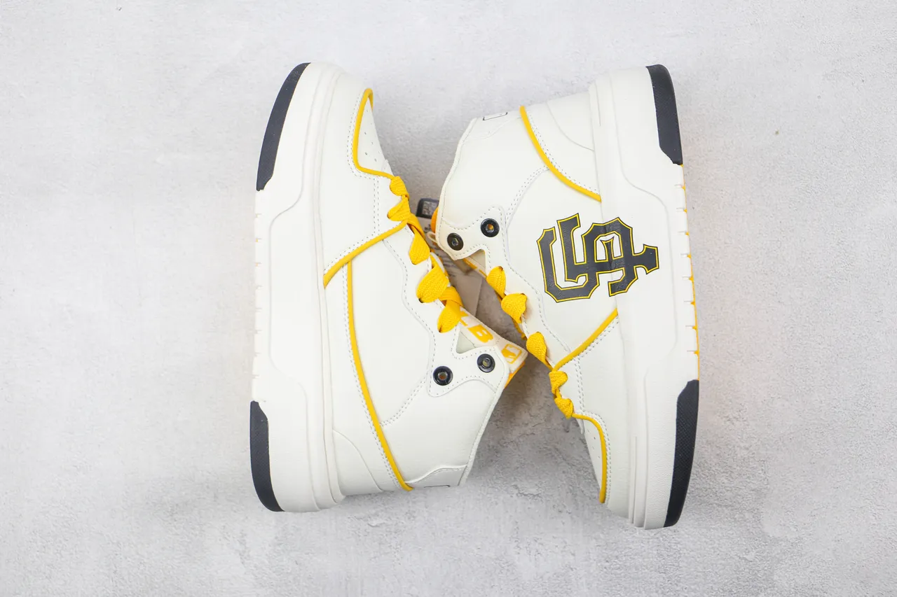White and Yellow SF Logo High-Top Platform Sneaker 3