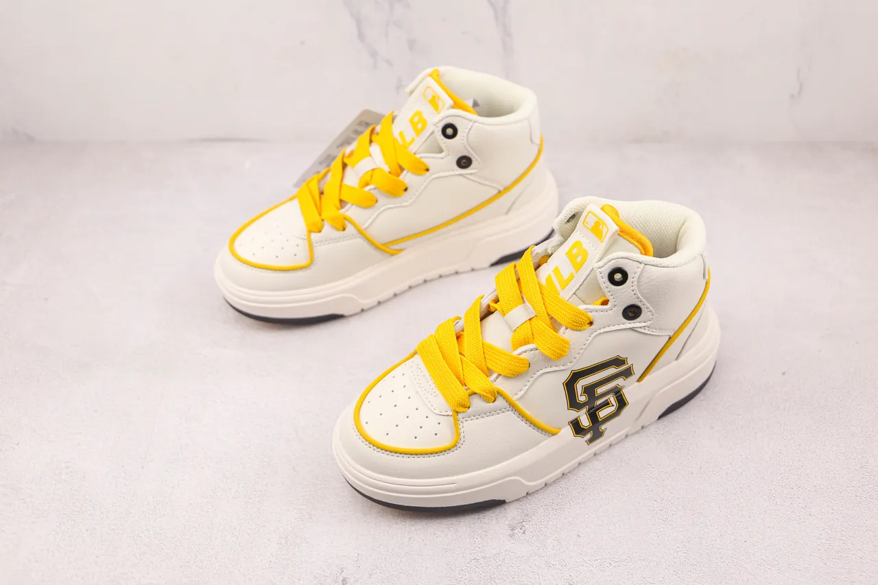 White and Yellow SF Logo High-Top Platform Sneaker 6